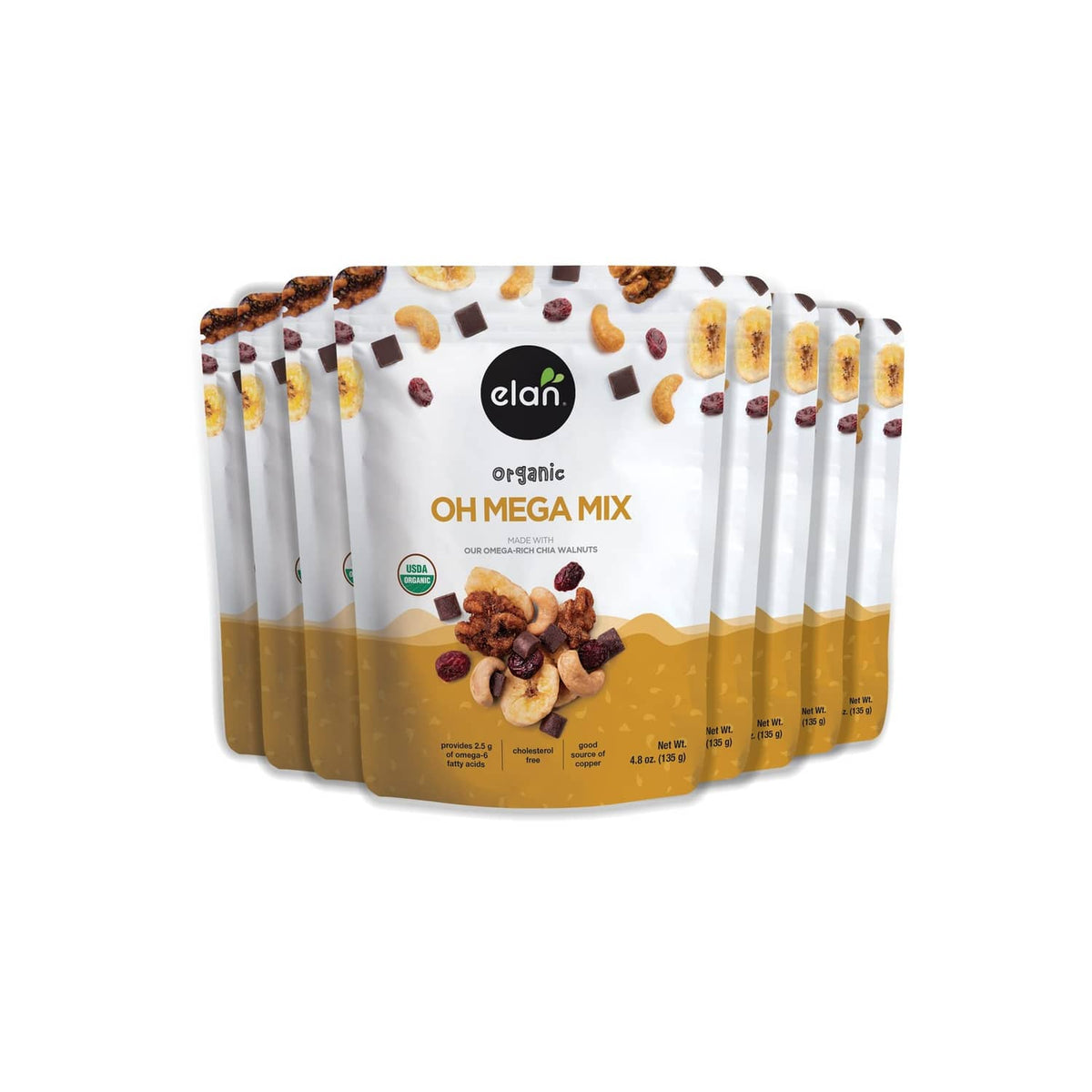 Organic Oh Mega Mix snack mix pouch pack, white and gold bag with assorted nuts and fruit