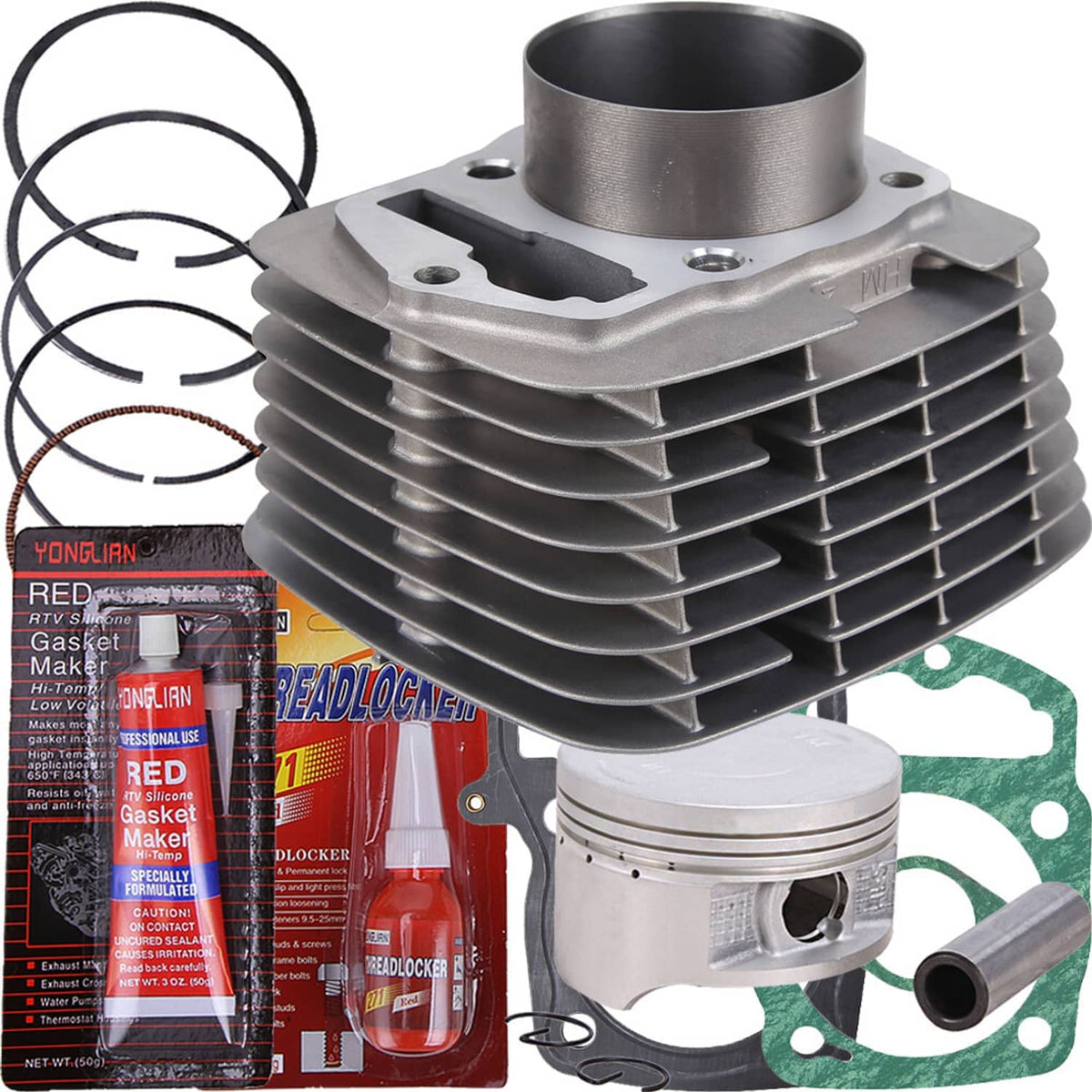 Top end kit showing gray cylinder, piston, green gasket, and piston rings