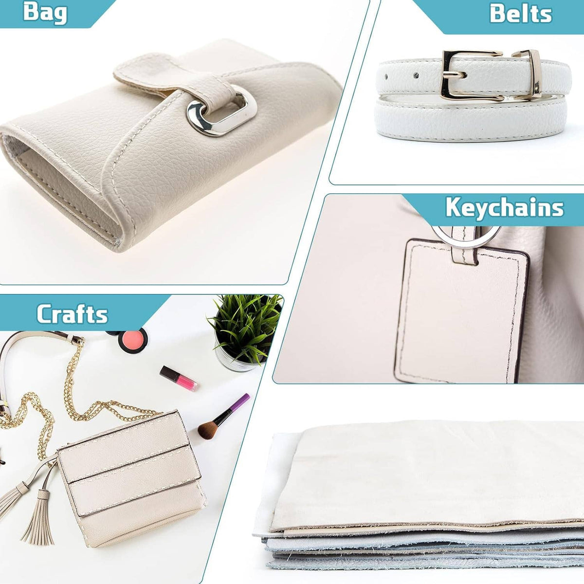 Assorted light genuine leather scraps shown with small wallet, belt, and keychain examples