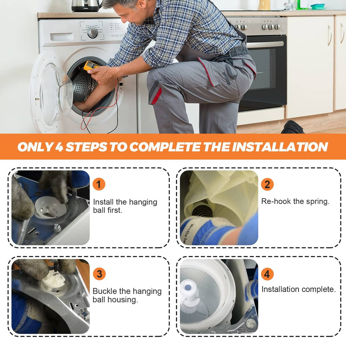 Washer suspension rod kit installation on front-load washing machine drum