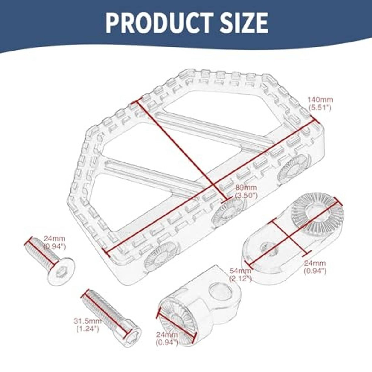 Motorcycle foot peg dimensions diagram with measurement callouts