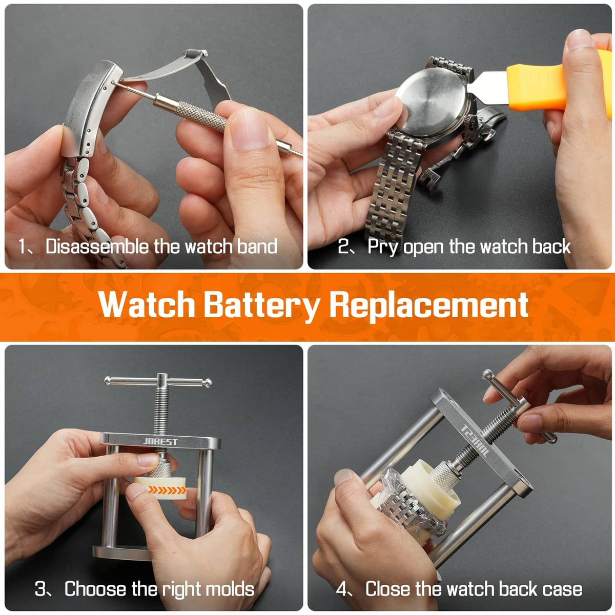 Watch battery replacement tool set steps with watch back press and pry opener