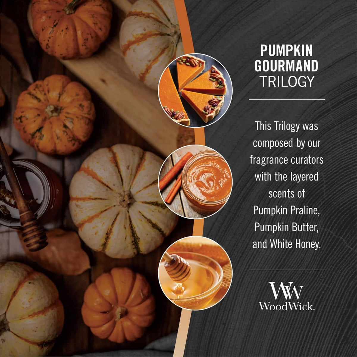 Pumpkin gourmands candle trilogy gift graphic with three mini jar candles
