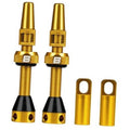 Golden tubeless Presta valve stem pair with knurled grip, black base, caps included