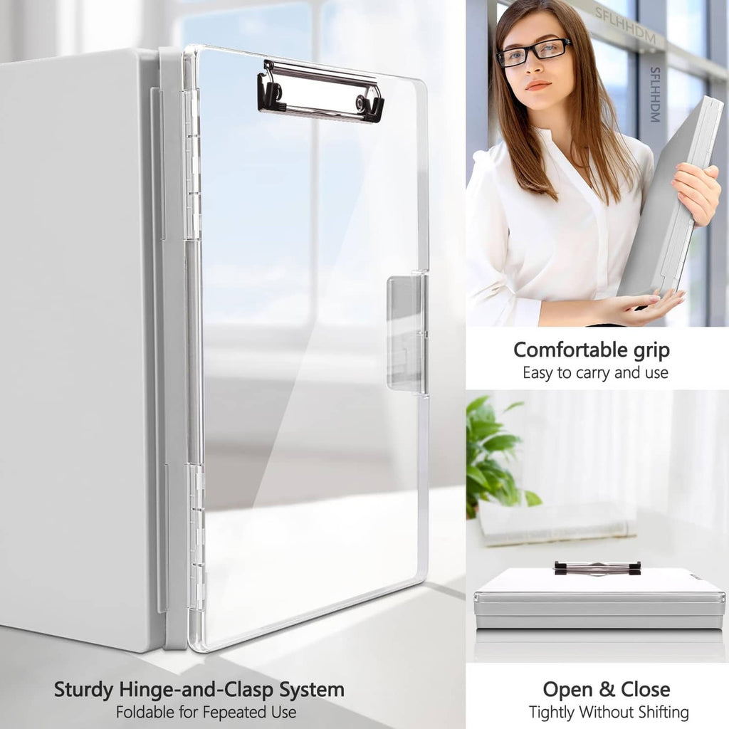 Heavy-duty foldable clipboard with storage, open for use and shown being carried