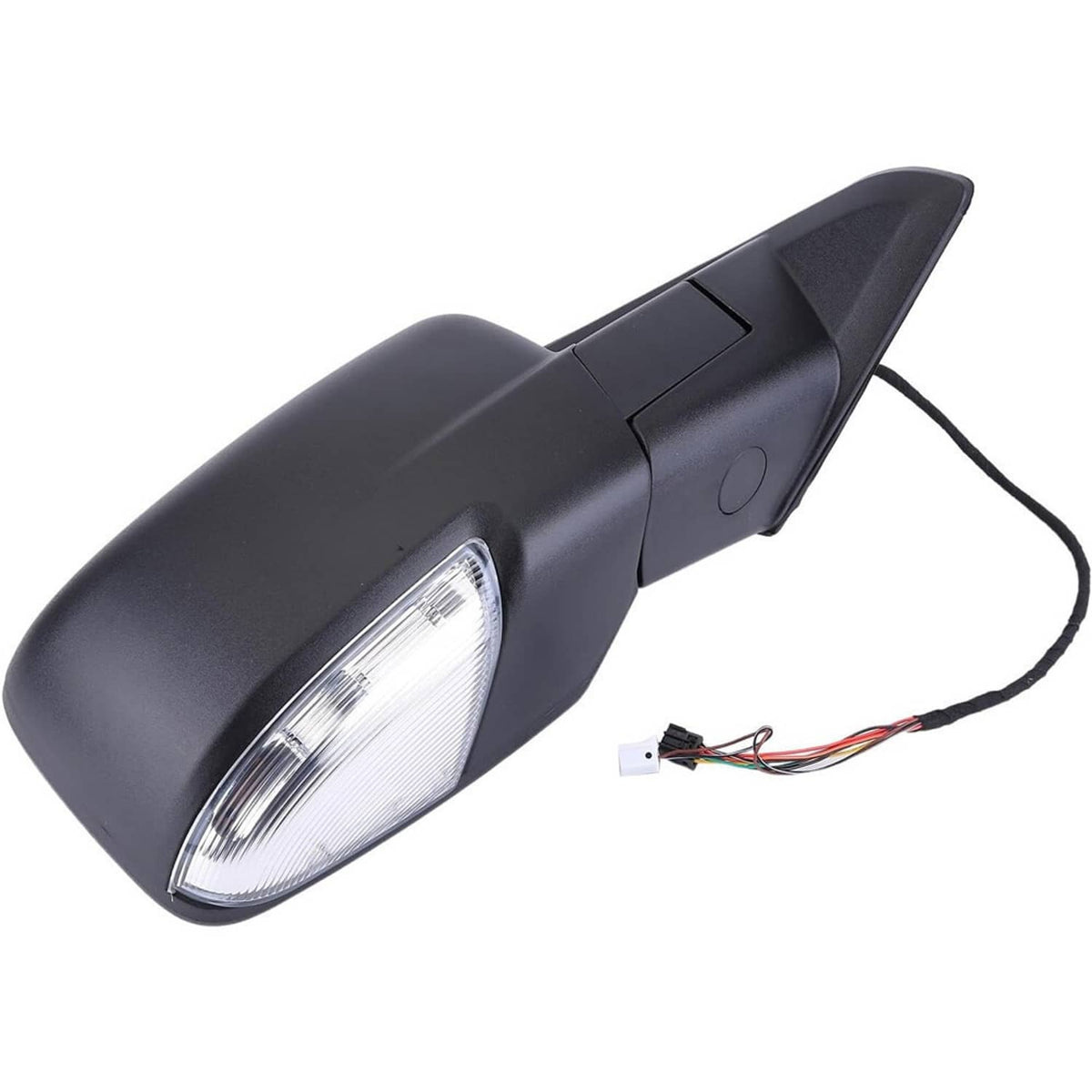 Passenger side mirror assembly, dark housing with clear lens and LED signal light wiring