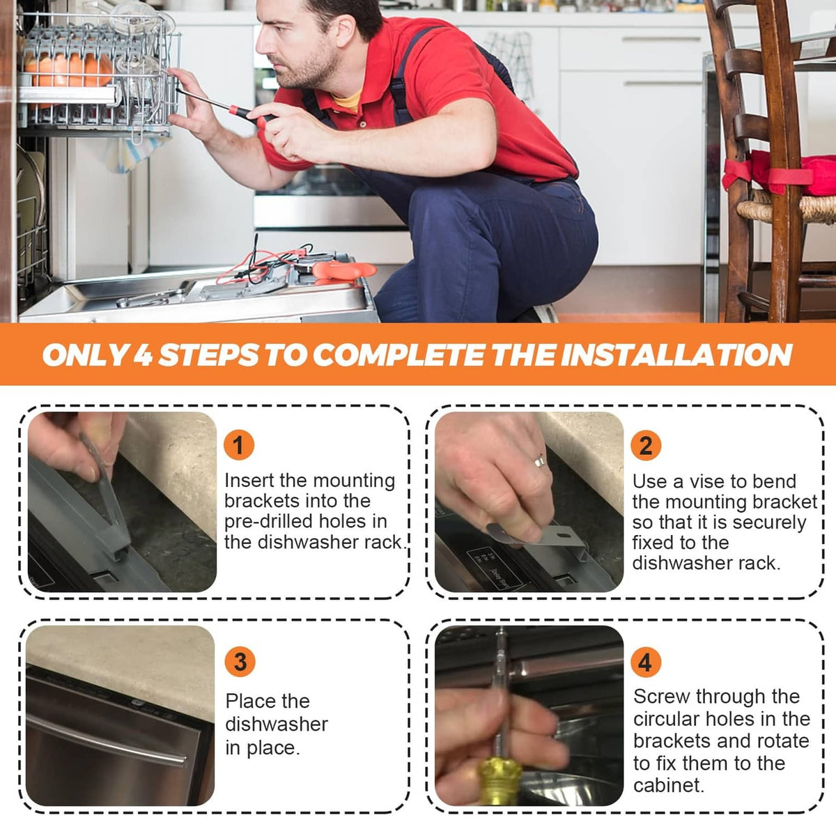 Technician installing silver dishwasher mounting brackets with screws behind door