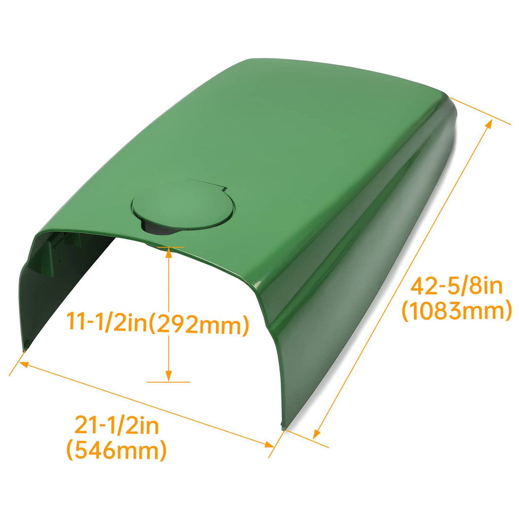 Green tractor upper hood with round fuel door cutout; shows hood dimensions