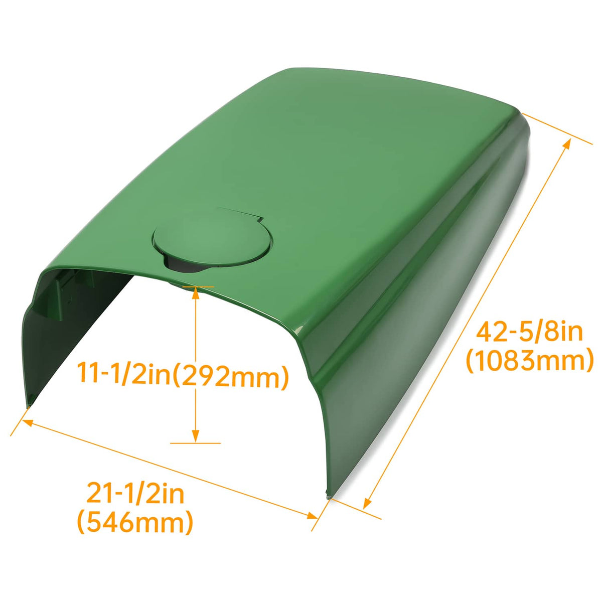 Green tractor upper hood with round fuel door cutout; shows hood dimensions