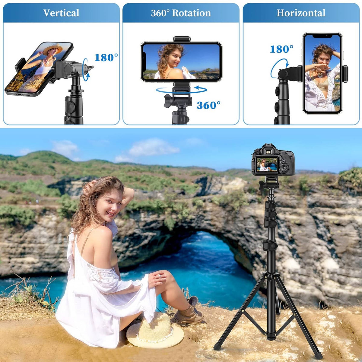RivetOak Nineigh Phone Tripod, 70" Selfie Stick Tripod Stand Cell 70 Inch, Black