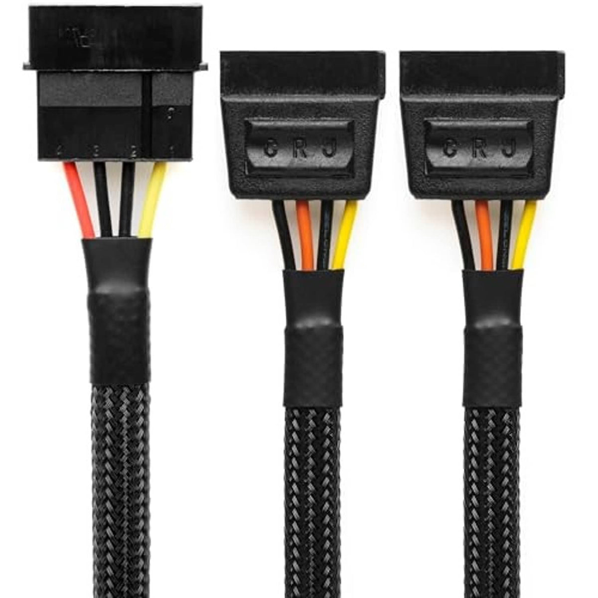 Dual SATA power adapter cable showing two black SATA connectors and 4-pin Molex plug