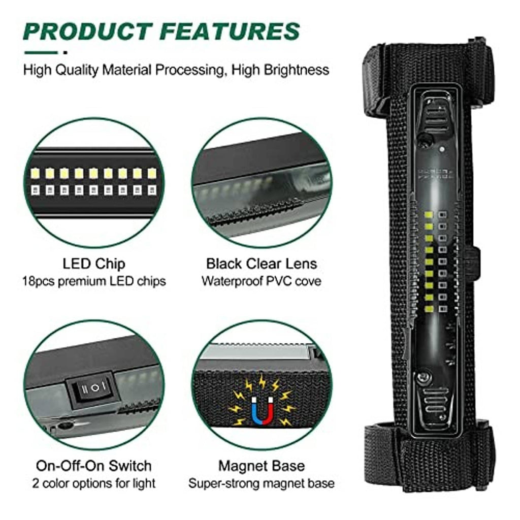 Black LED light bar with side switch panel, clear lens, and durable mounting strap