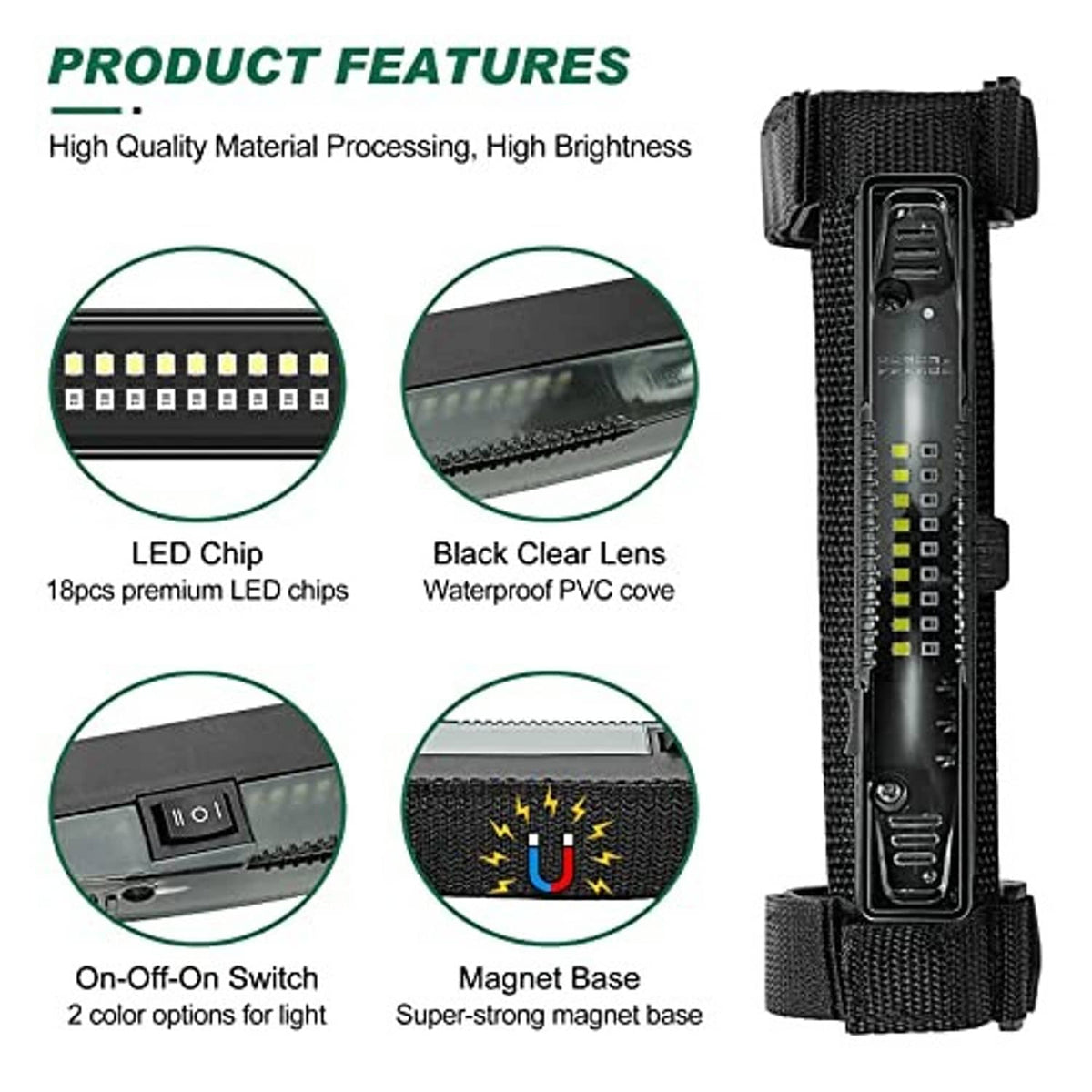 Black LED light bar with side switch panel, clear lens, and durable mounting strap