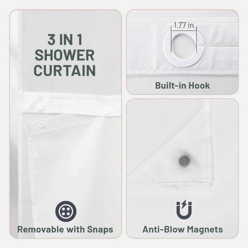 Shower curtain with snap attachments, built-in hook, and magnet weights