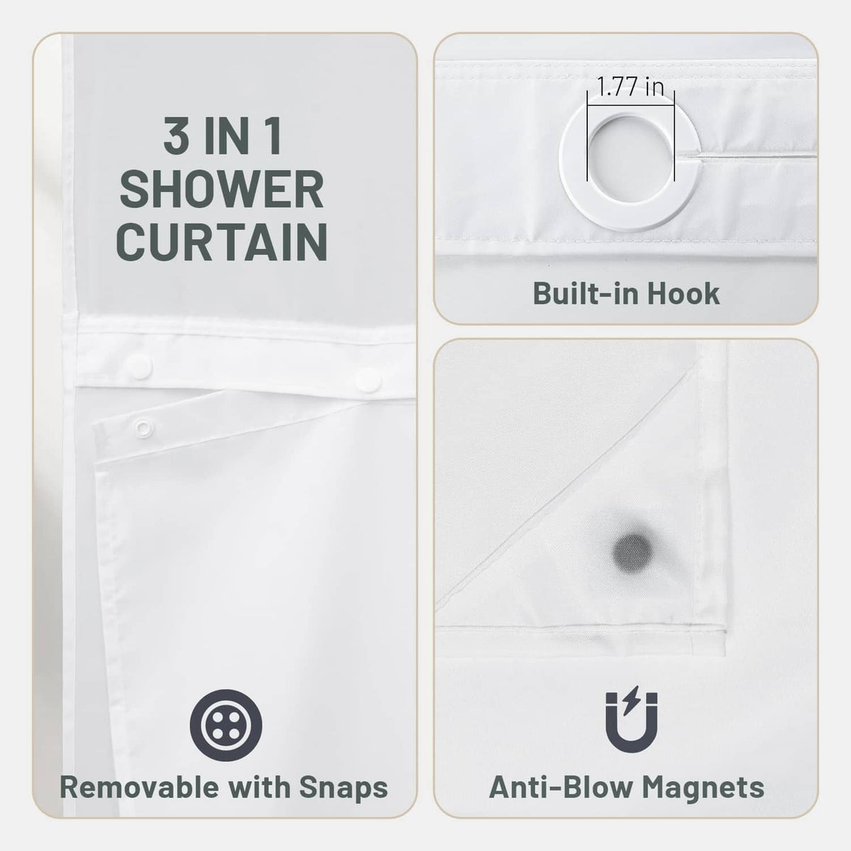 Shower curtain with snap attachments, built-in hook, and magnet weights
