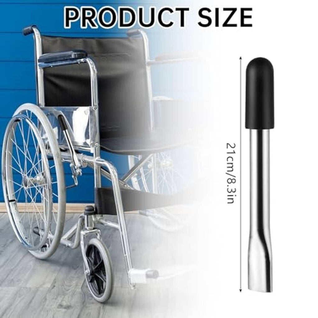 Silver straight wheelchair brake extender handle with black rubber end cap