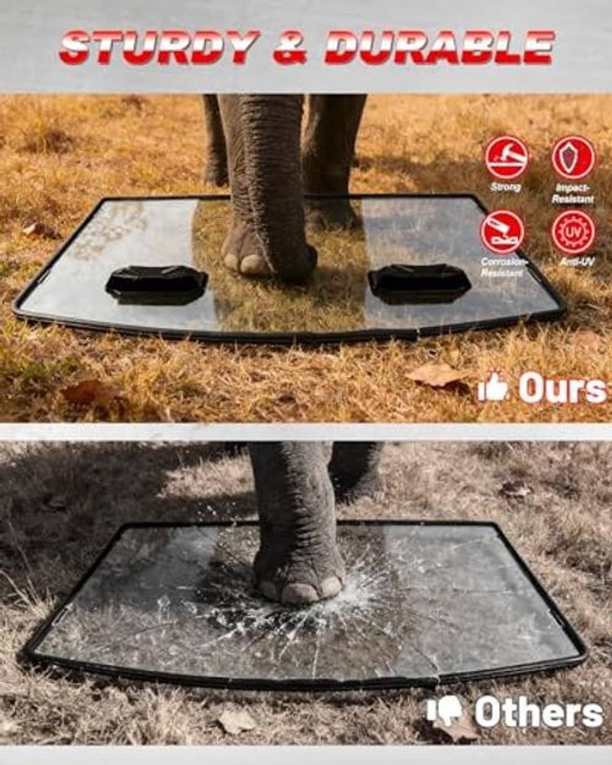 Durable clear windshield panel on ground with impact marks and cracks