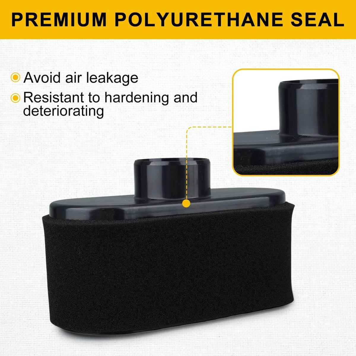 Foam air filter seal pre-cleaner with black cylindrical top and curved foam body