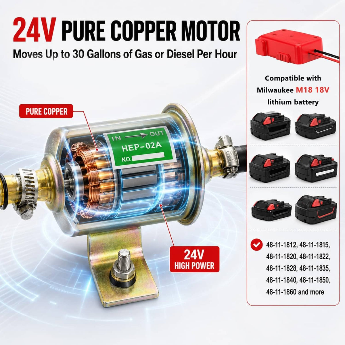 Fuel transfer pump motor unit with copper-toned cartridge and mounting bracket