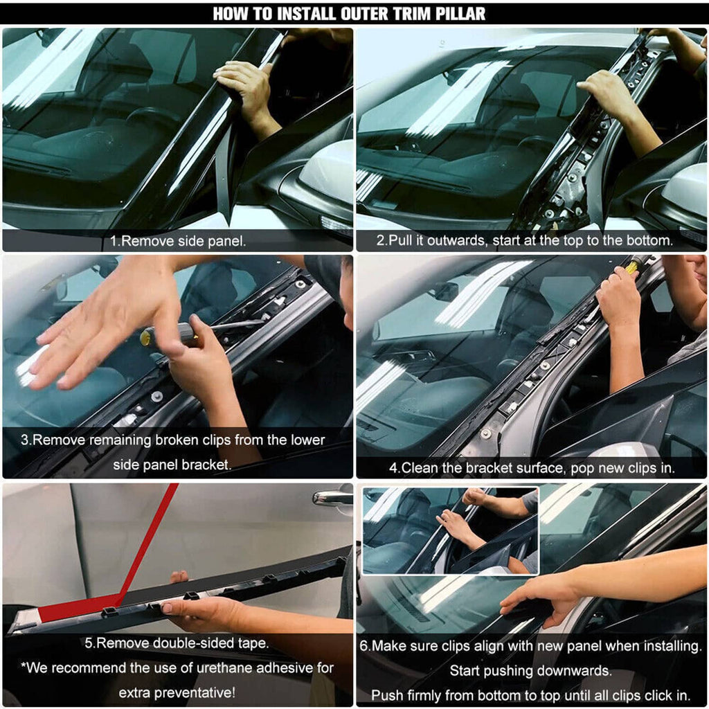 Outer A-pillar trim installation guide showing clip alignment and taping steps