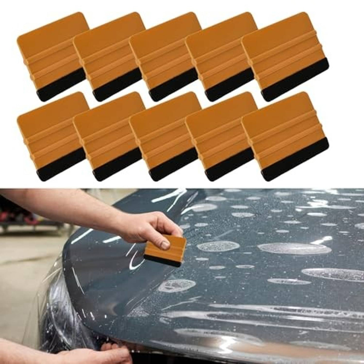 Vinyl squeegee with orange handle and black felt edge, used to smooth window film