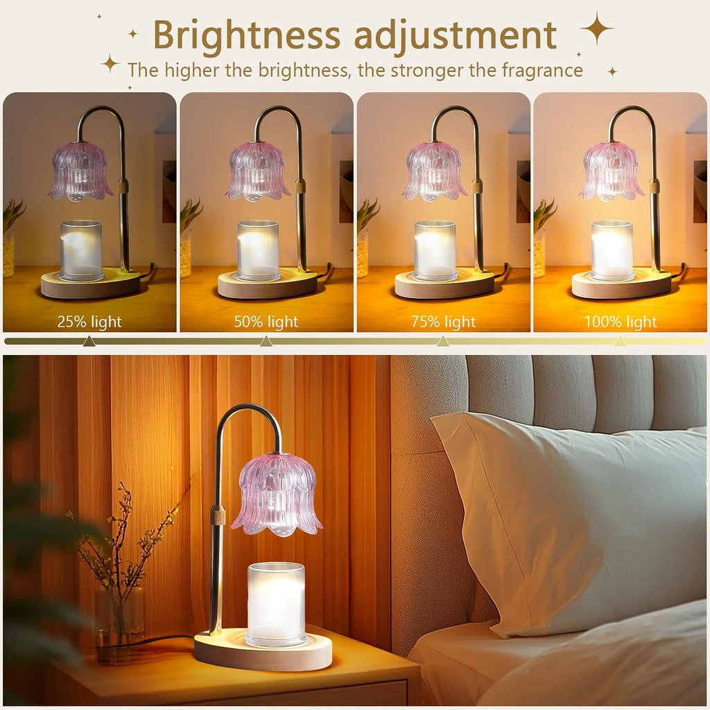 Candle warmer lamp with pink flower glass shade shown at multiple brightness levels