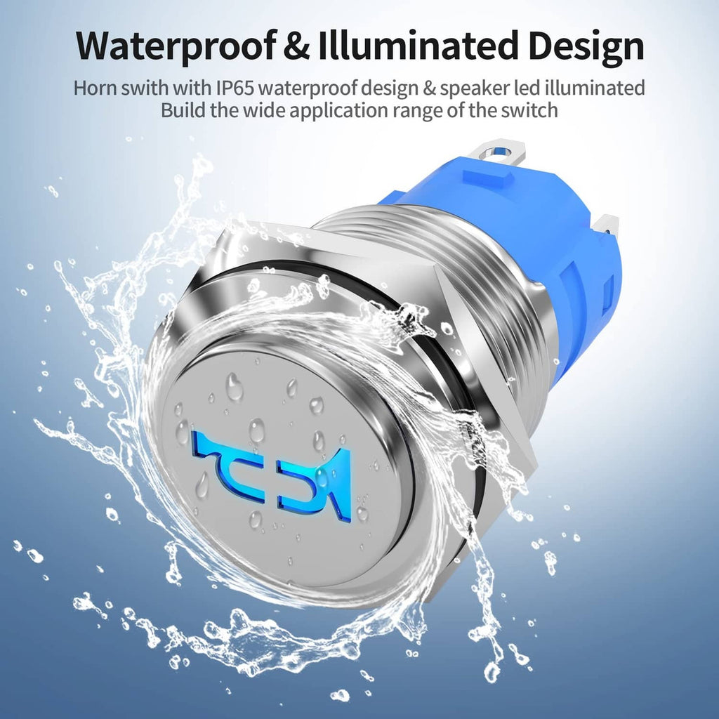 Waterproof illuminated horn button switch with chrome bezel and LED horn symbol