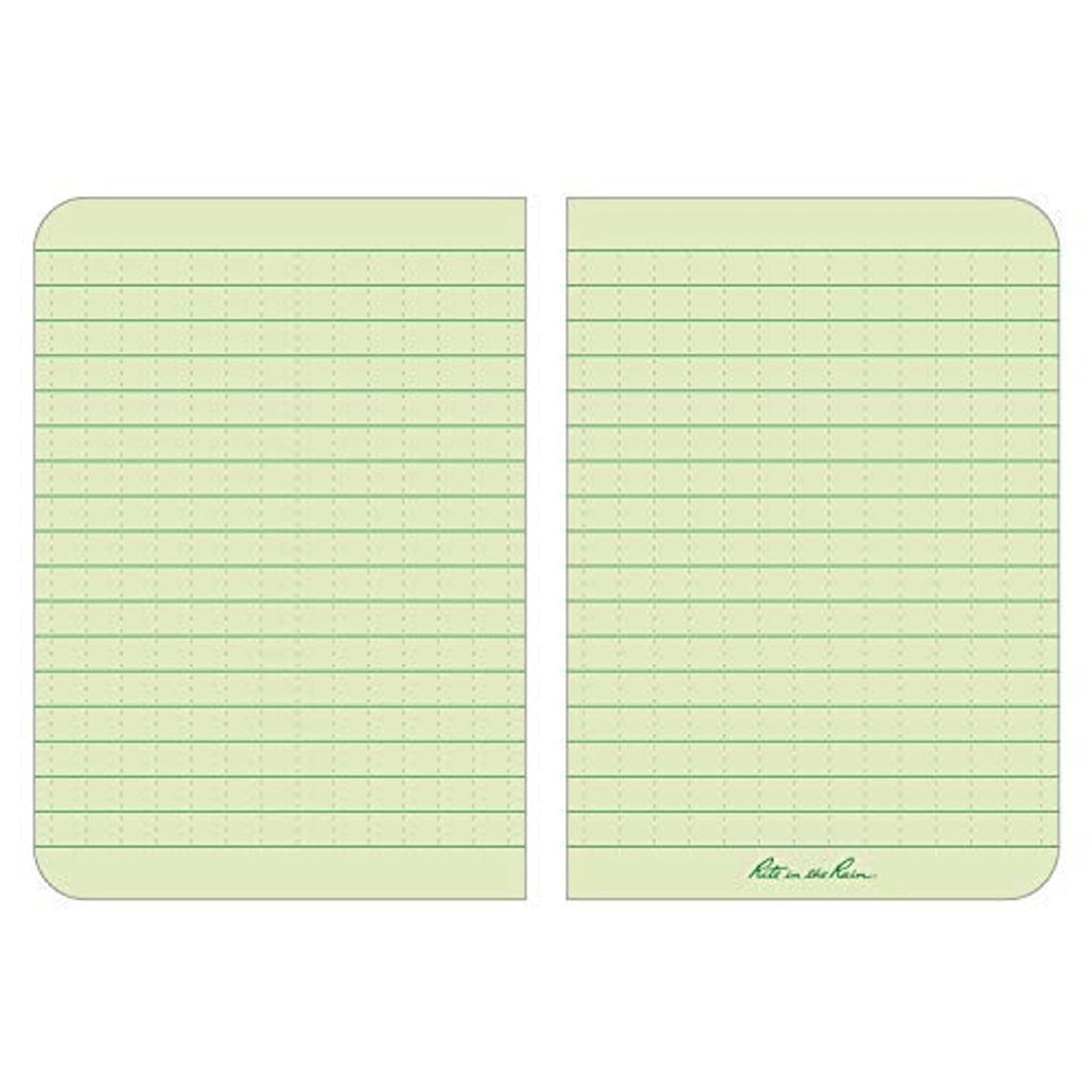 Weatherproof pocket notebook open, light green ruled pages with small bottom logo