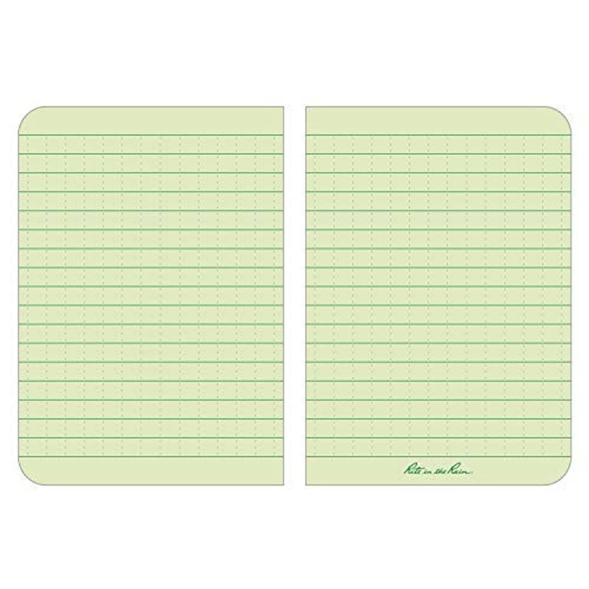 Weatherproof pocket notebook open, light green ruled pages with small bottom logo