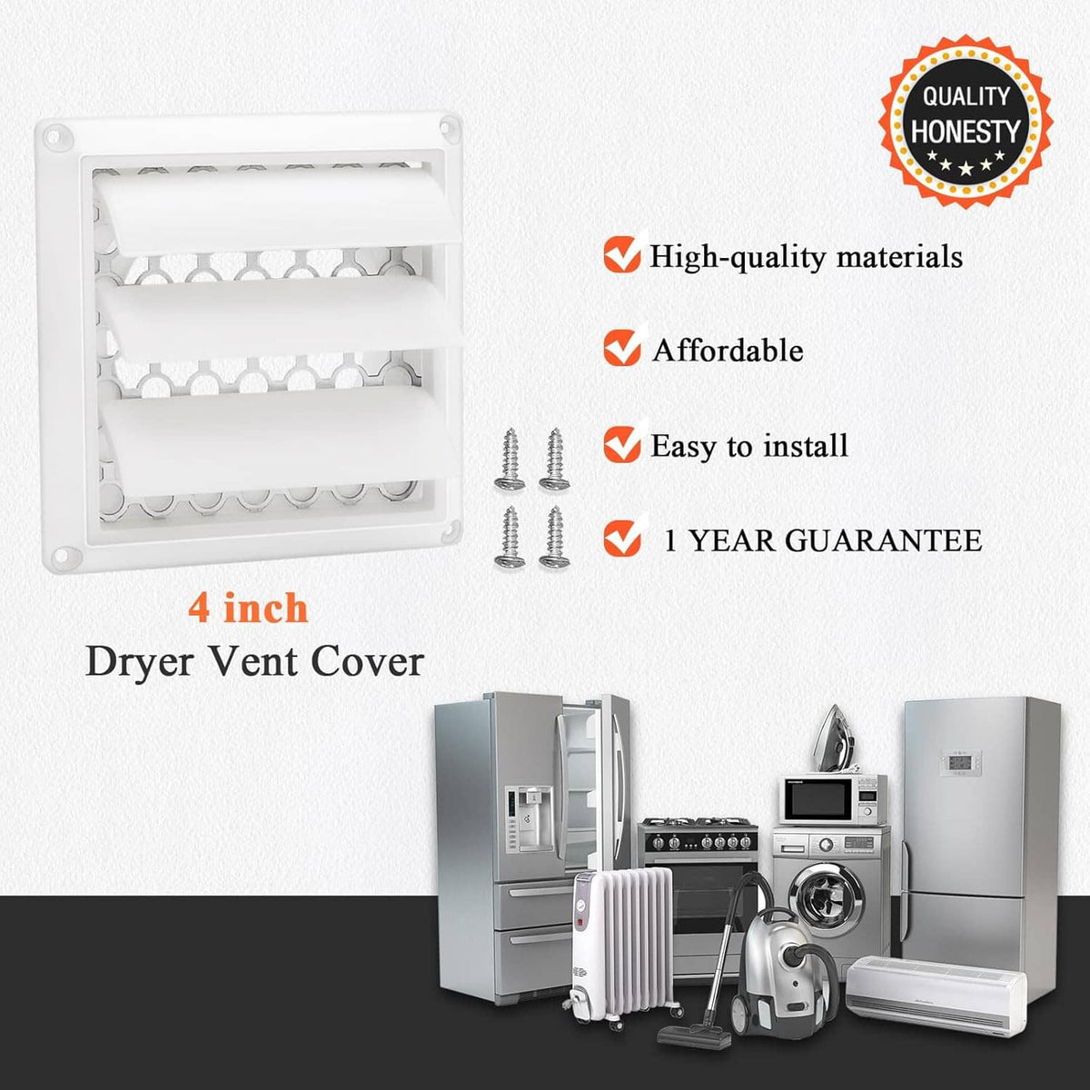 White 4-inch dryer vent cover with detachable grill and included screws