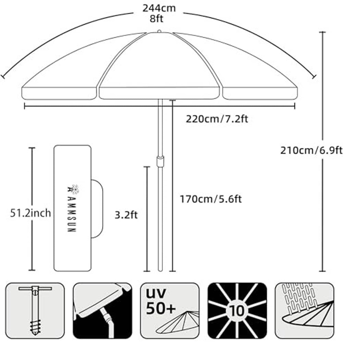 Beach umbrella size diagram with measurements, UV 50+ and sand anchor notes