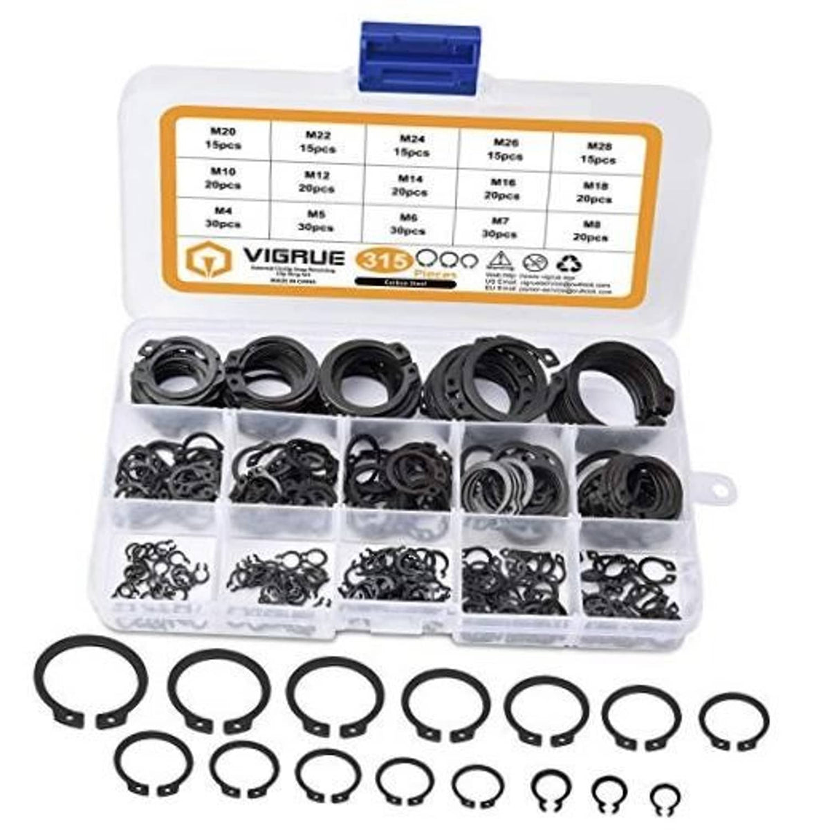 Black external snap ring assortment set in clear plastic storage case, mixed sizes