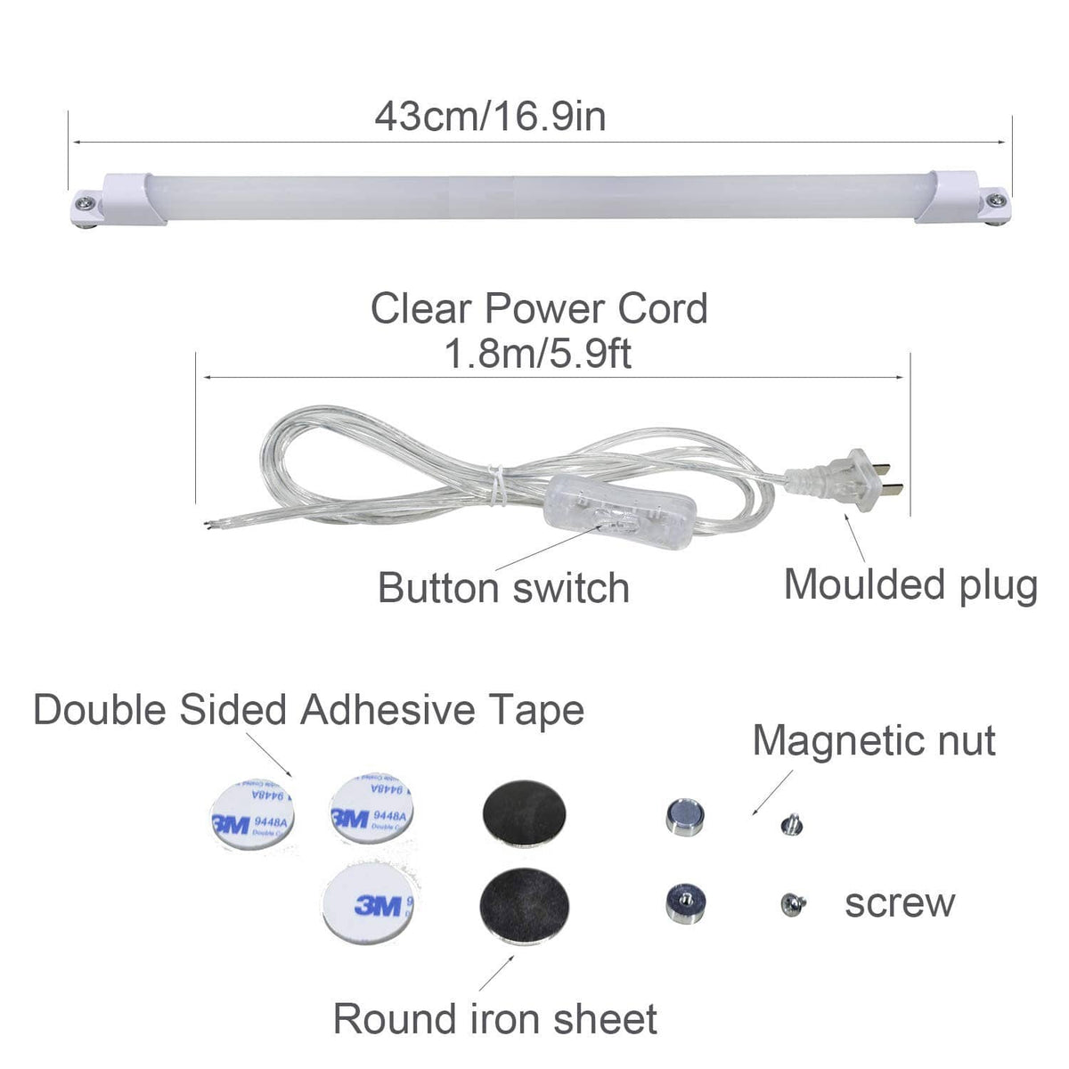 STBTECH under-cabinet LED light bar kit: cord, switch, adhesive pads, screws