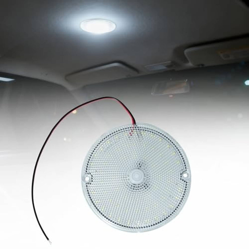 4-inch round LED dome light close-up with clear lens and red wire leads