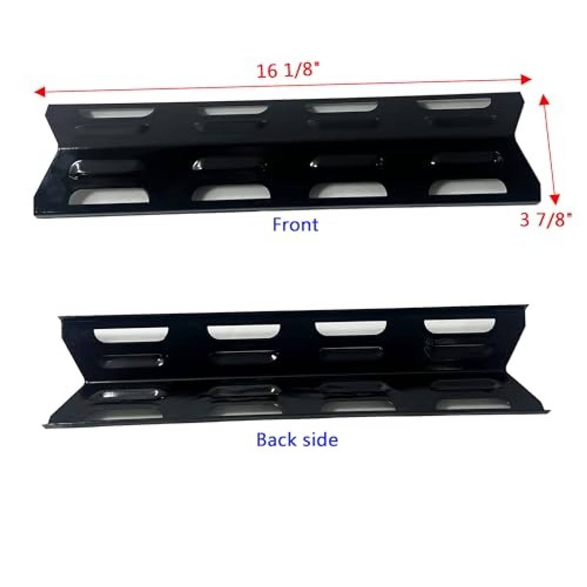 Black burner heat plate with front and back side openings, mounting tabs