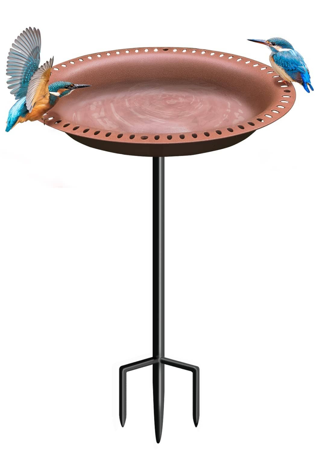 Brown outdoor bird bath basin with perforated rim on black three-prong stand.