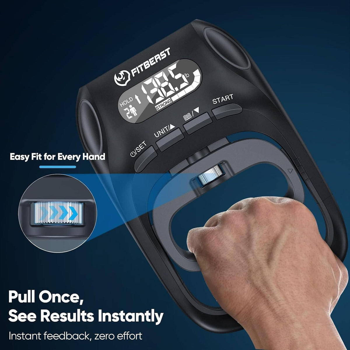 Digital grip strength tester with hand gripping handle and visible control panel
