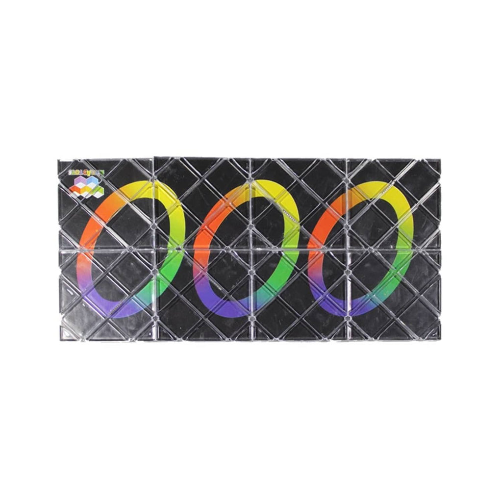 Black folding puzzle board, 2x4 grid with colorful ring pattern, expanded