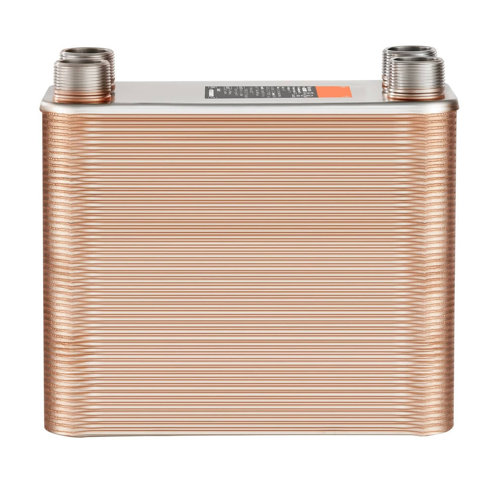 Copper brazed plate heat exchanger front view with threaded MNPT ports on top