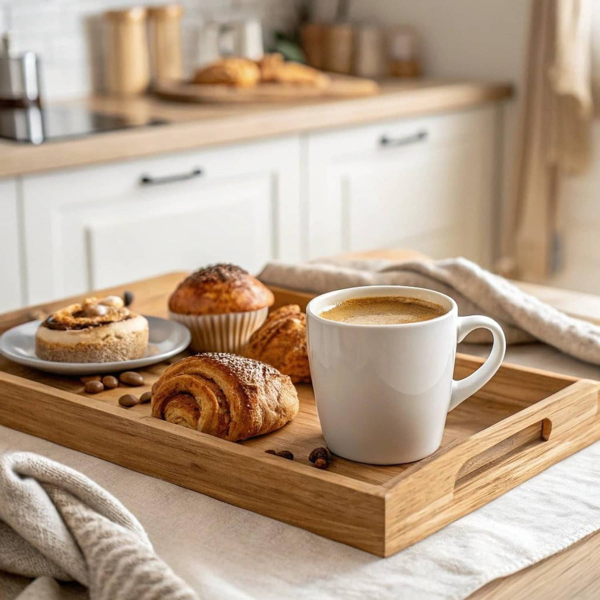 Brewed coffee in a white mug with pastries on a wooden tray