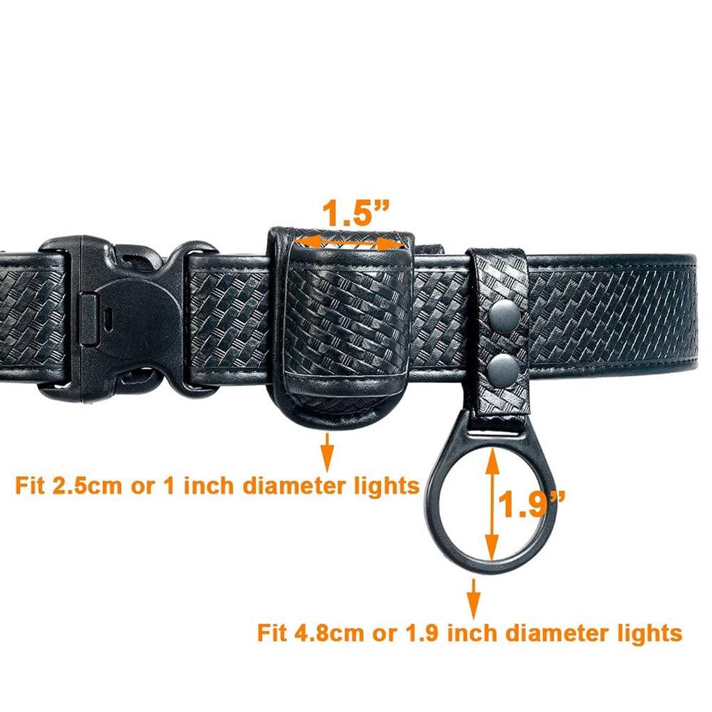 Black flashlight holder with snap strap and hanging loop attachment