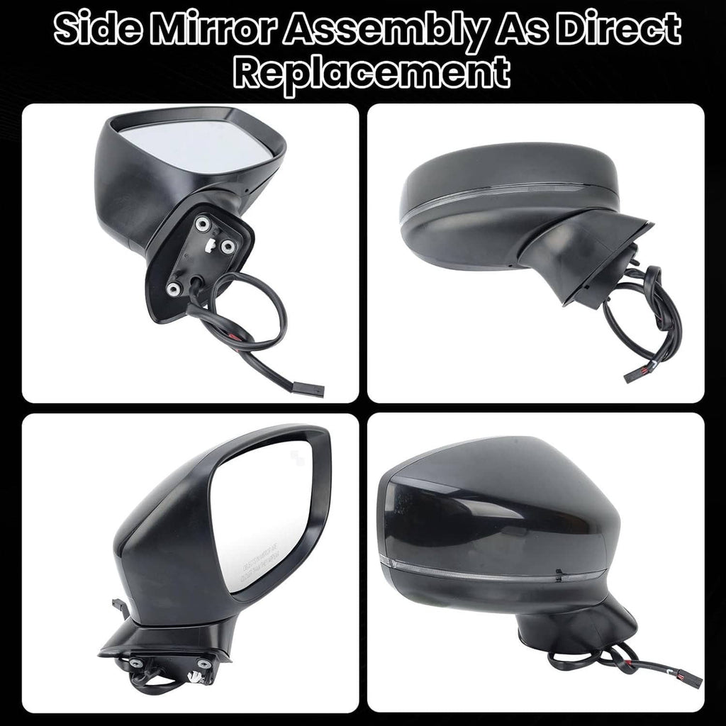 Black side mirror assembly with mounting bracket and wiring connectors