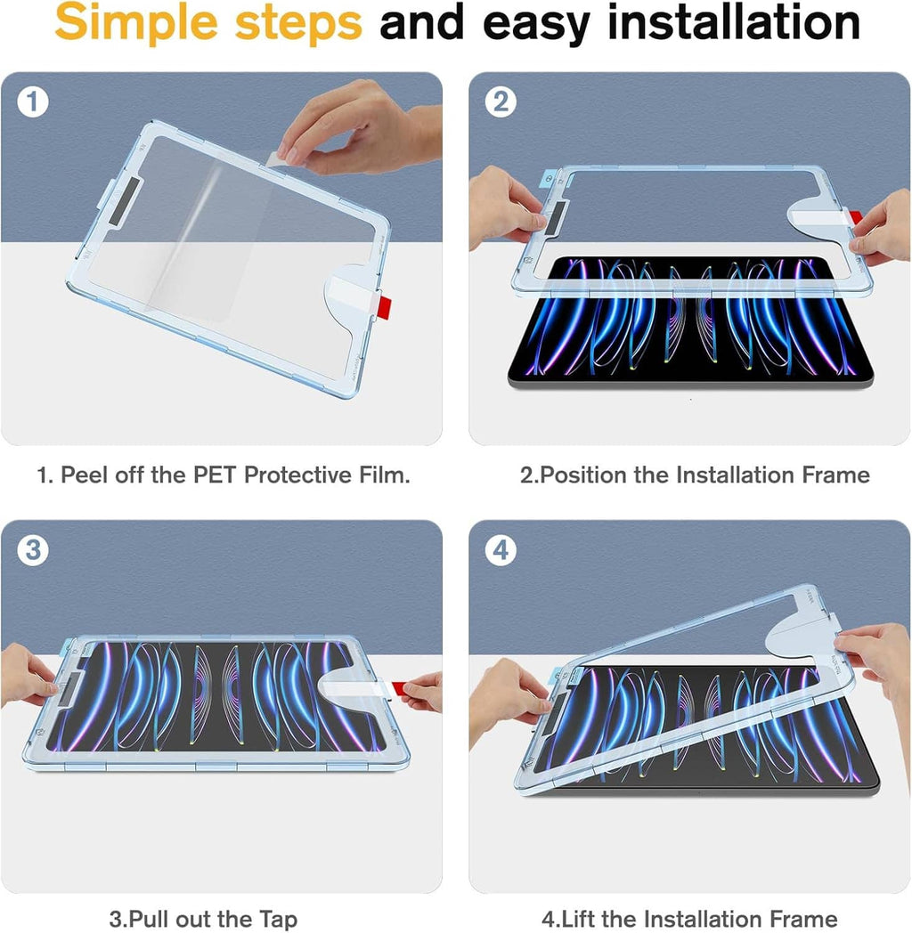 Screen protector installation steps showing frame placement and lifting