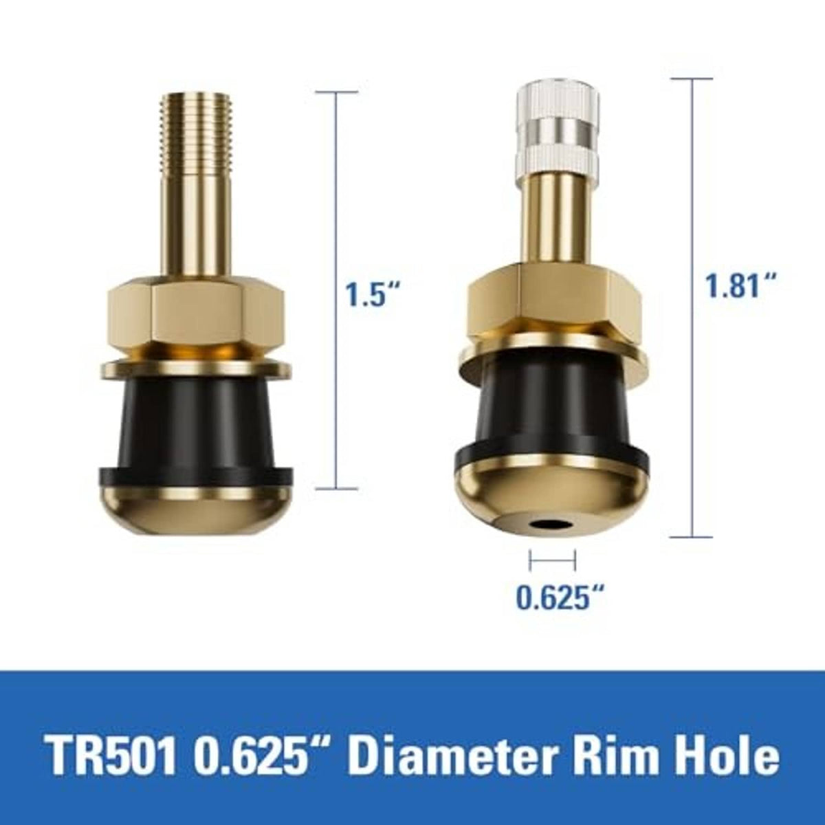 Brass clamp-in tire valve stems with black rubber bases, height shown 1.5 in