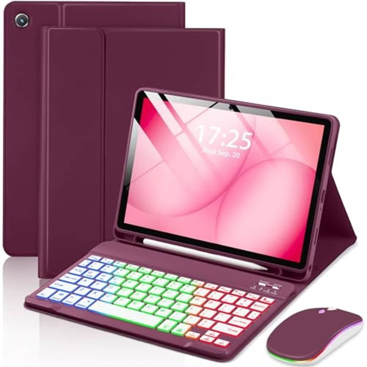 Wine red keyboard tablet case with rainbow keys and wireless mouse