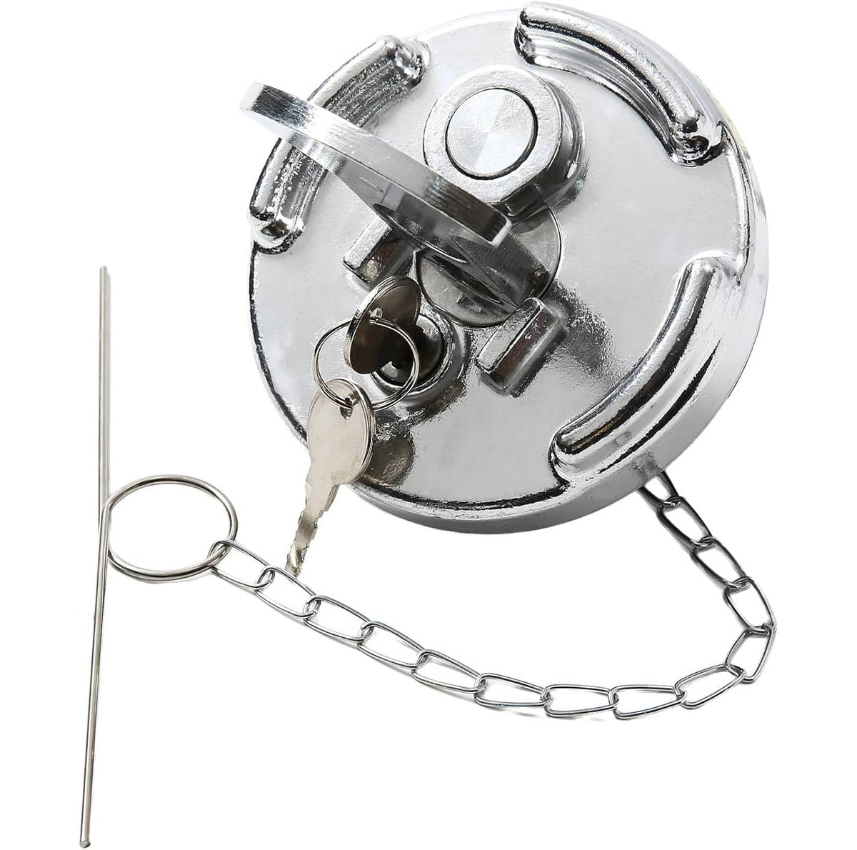 Aluminum diesel fuel cap with locking mechanism, keys and chain, chrome finish