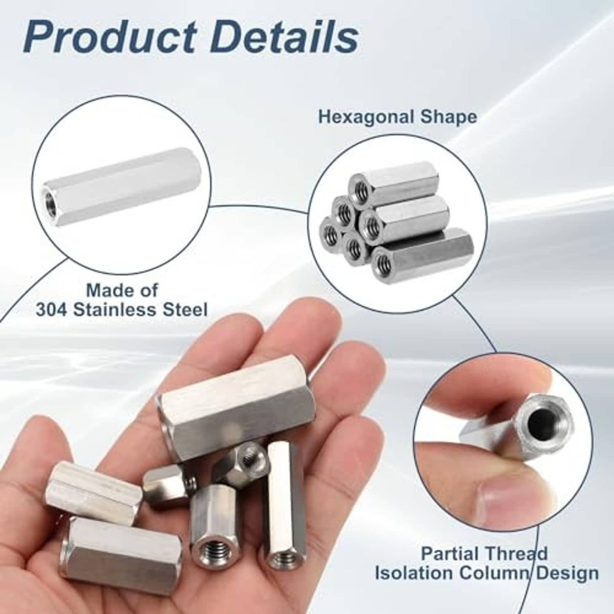 304 stainless coupling nuts, hexagonal sleeves with partial-thread internal UNC design