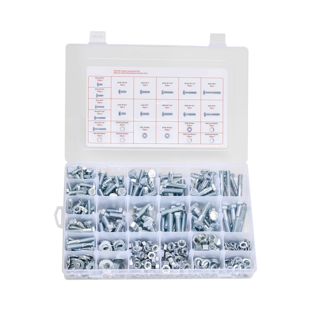 Open hardware kit box with compartments of galvanized steel bolts and nuts, silver