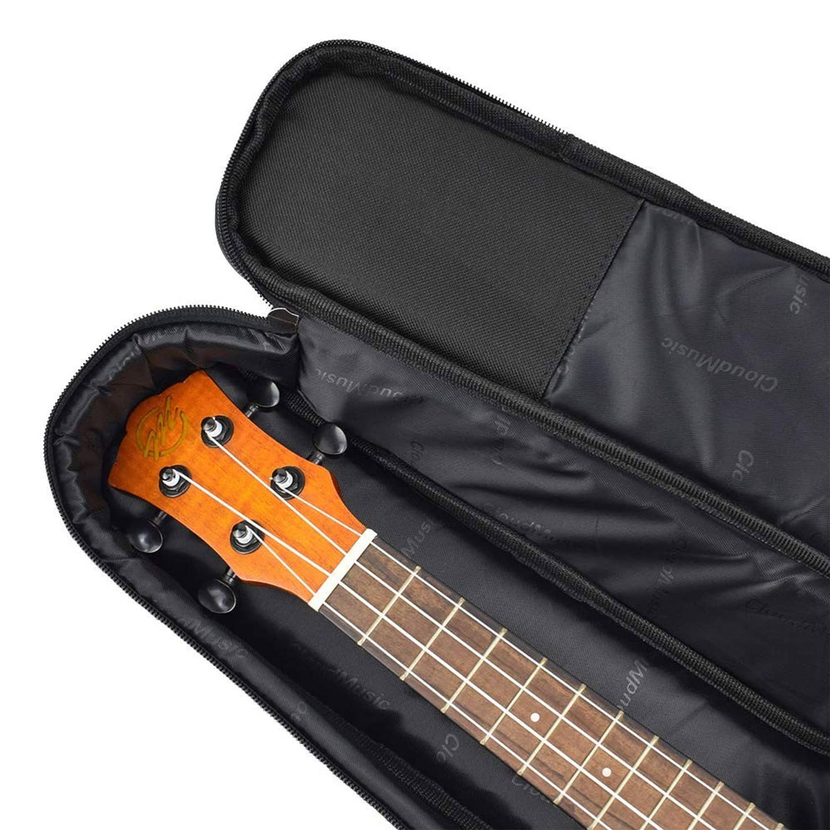 Padded tenor ukulele gig bag open with an acoustic ukulele inside and black lining
