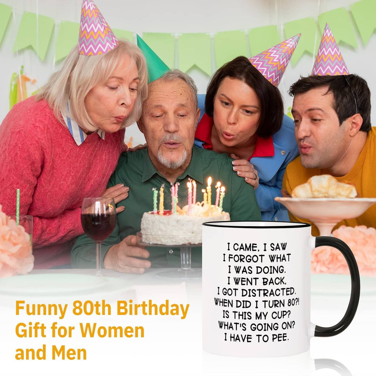 White 11oz birthday mug with black handle and rim, side text about turning 80.